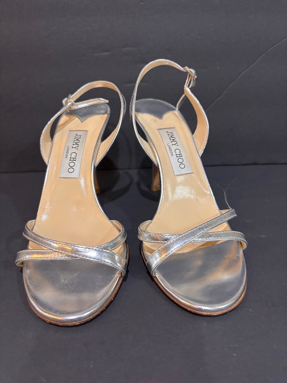 Jimmy Choo Sandals Heels Sz 39 9 Leather Metallic Silver Gold Slingback Strappy